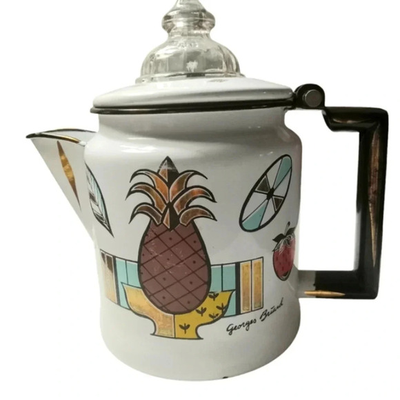 Vintage Georges Briard Ambrosia Enamel Coffee Pot Percolator Fire King Glass Top - Picture 1 of 9